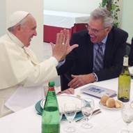 James Robison explains a "high five" to Pope Francis at the Vatican on June 24, 2014. During their meeting, they agreed all Catholics and Protestants need to come to know Jesus personally.